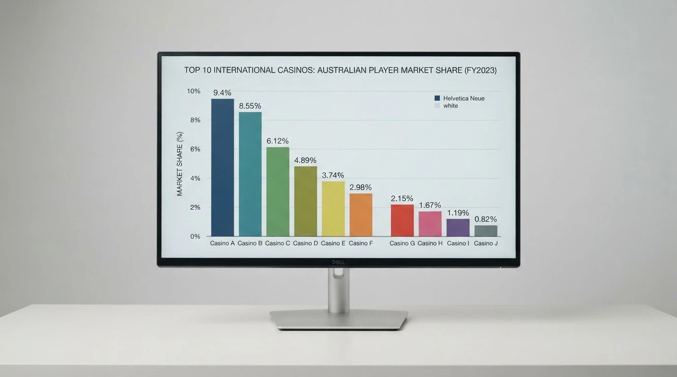 A bar chart comparing the top ten international casinos by Australian player market share percentage