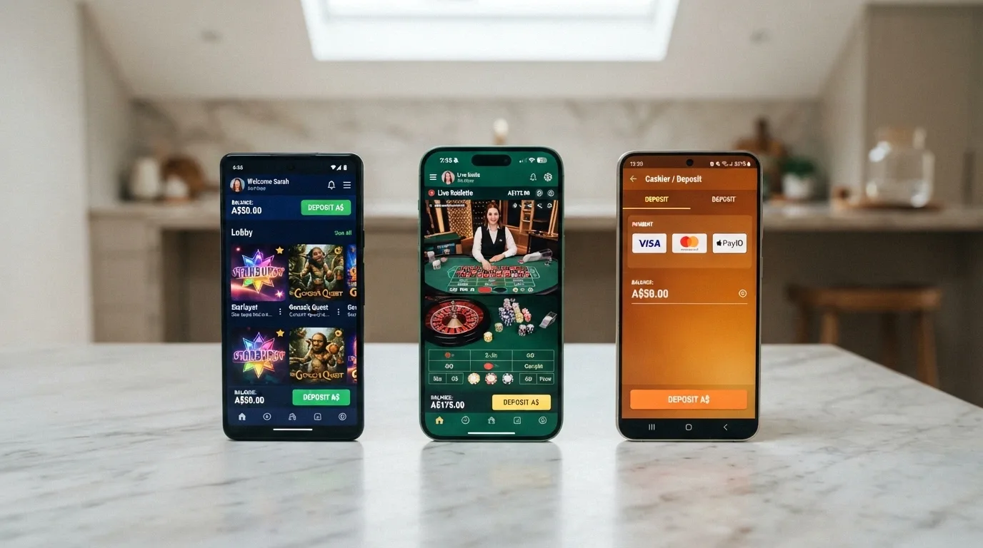 A side-by-side grid of iPhone screens showing different casino PWA home screens, each with a visible operator logo and Australian-dollar deposit button
