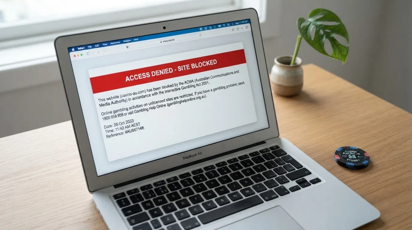 A Curaçao gaming licence certificate on a desk beside an Australian Government document with the Interactive Gambling Act header and a red PROHIBITED stamp across online casino