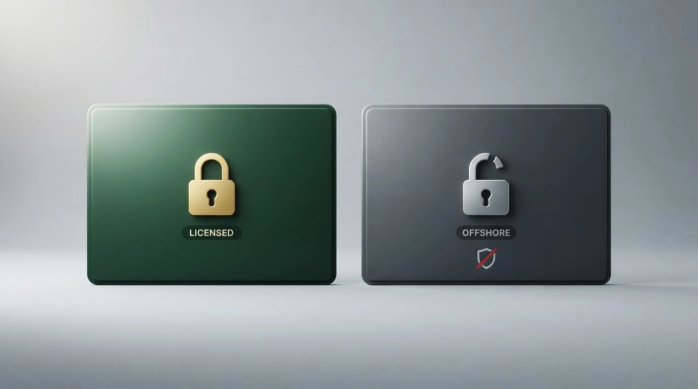 A warning-style illustration contrasting a padlock icon labelled 'Licensed Wagering' with an unlocked icon labelled 'Offshore Casino', with BetStop crossed out beneath the offshore side