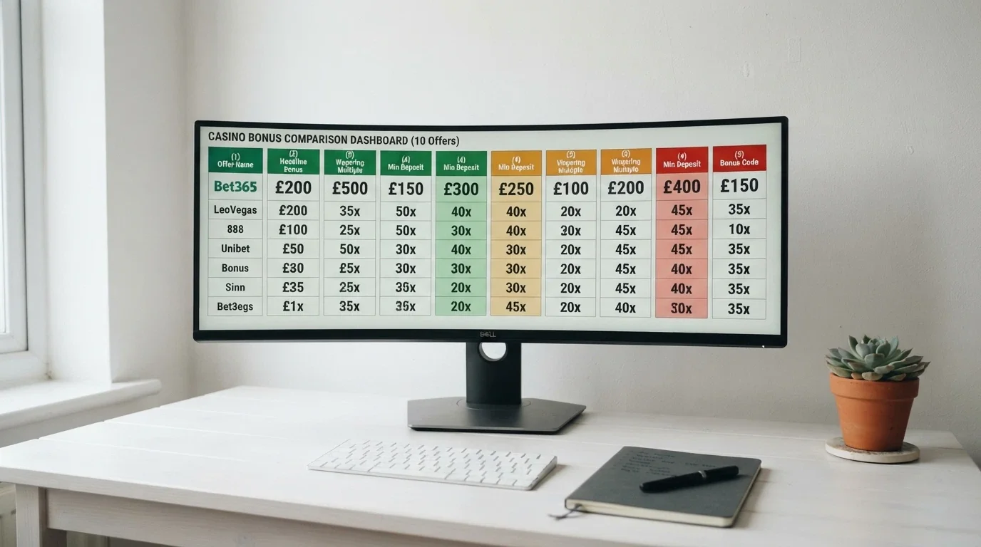 A side-by-side grid of welcome-bonus offers with their headline figures and wagering multiples, styled as a comparison dashboard