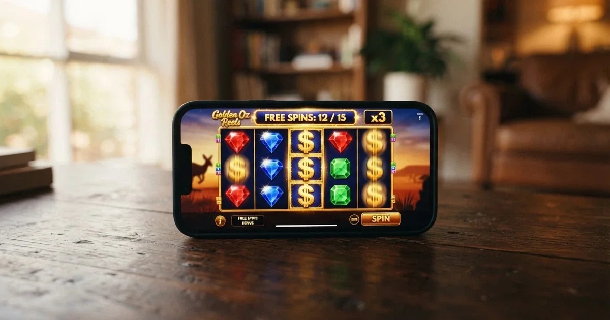A smartphone screen displaying a colourful online pokie with free spins activated, Australian dollar symbols visible on the reels