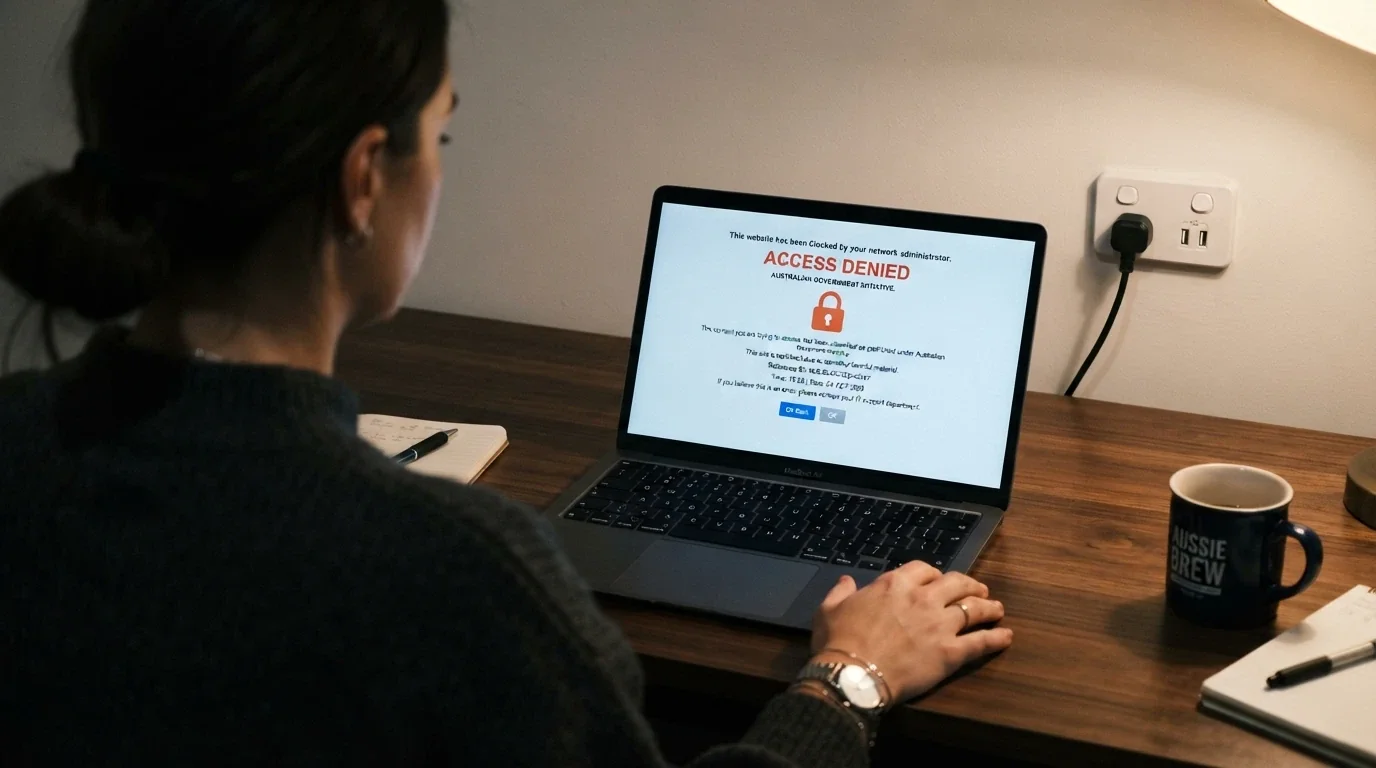 A laptop screen displaying an ACMA website page or a blocked-site notice, with an Australian power point and surroundings visible