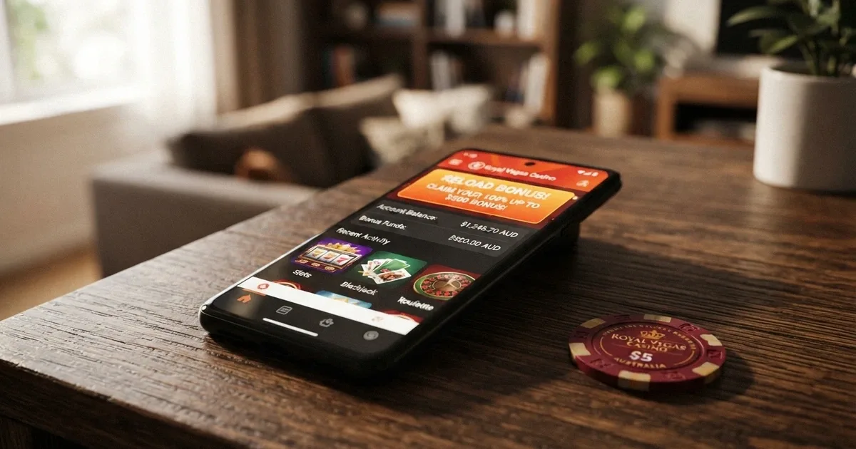 A close-up of a smartphone screen showing an online casino account dashboard with a reload bonus offer notification, Australian dollar amounts visible on the screen