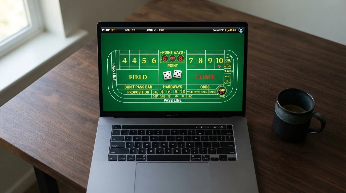An RNG-powered online craps table interface showing the pass line, don't pass bar, place bets and the dealer panel on screen