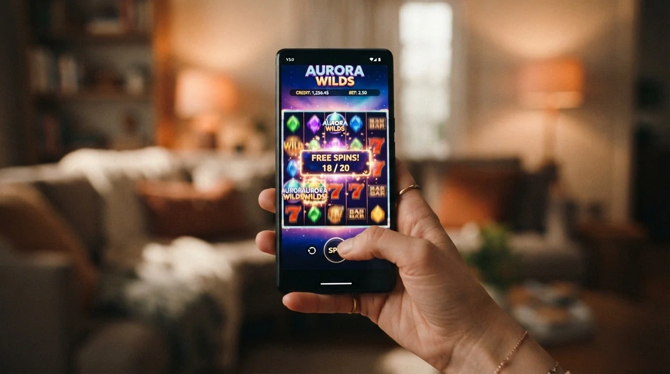 A smartphone screen showing a colourful five-reel online pokie in free-spin mode with the game title visible