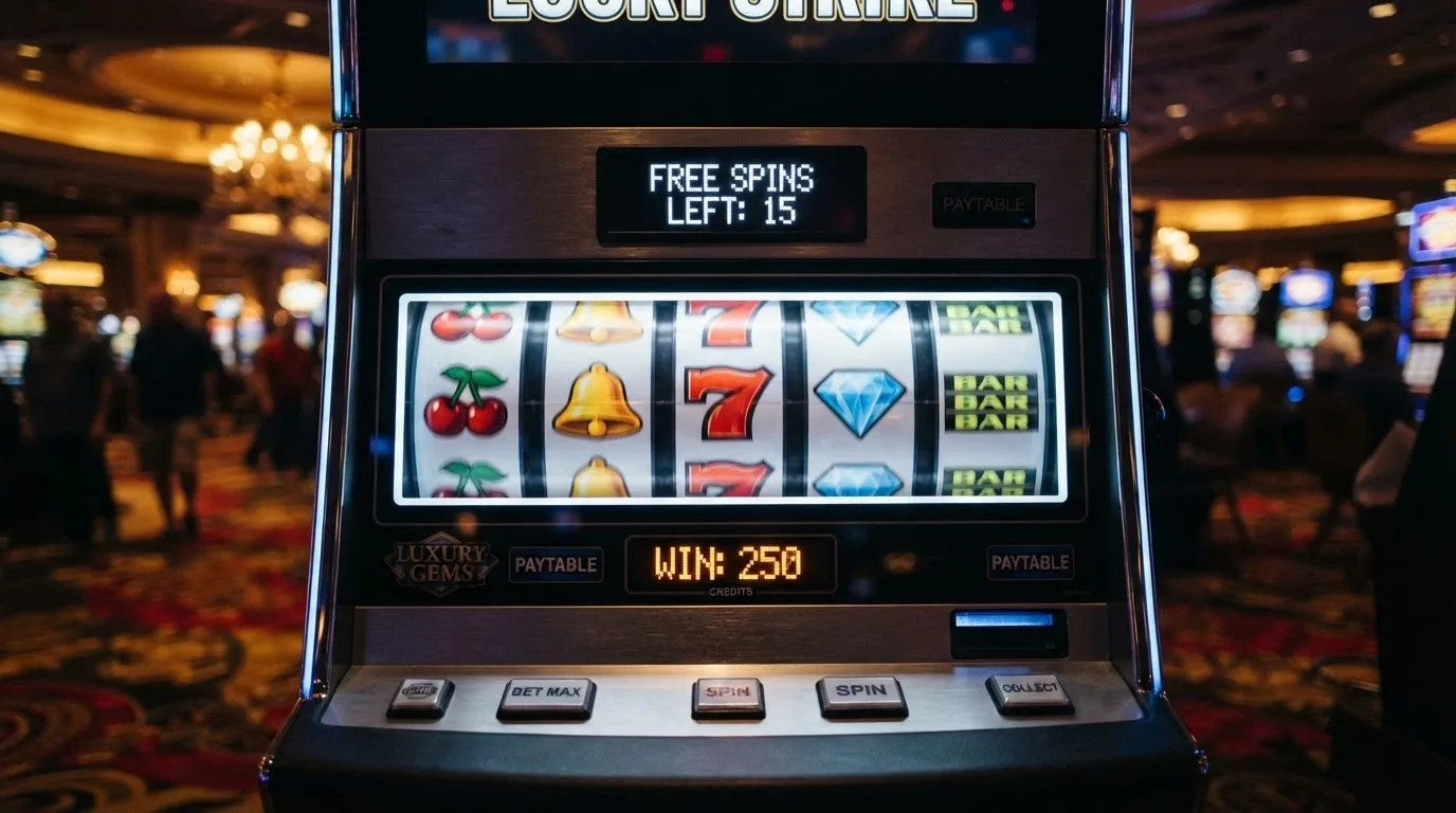 A row of pokies reels with a free-spin counter above them and a small win-amount display