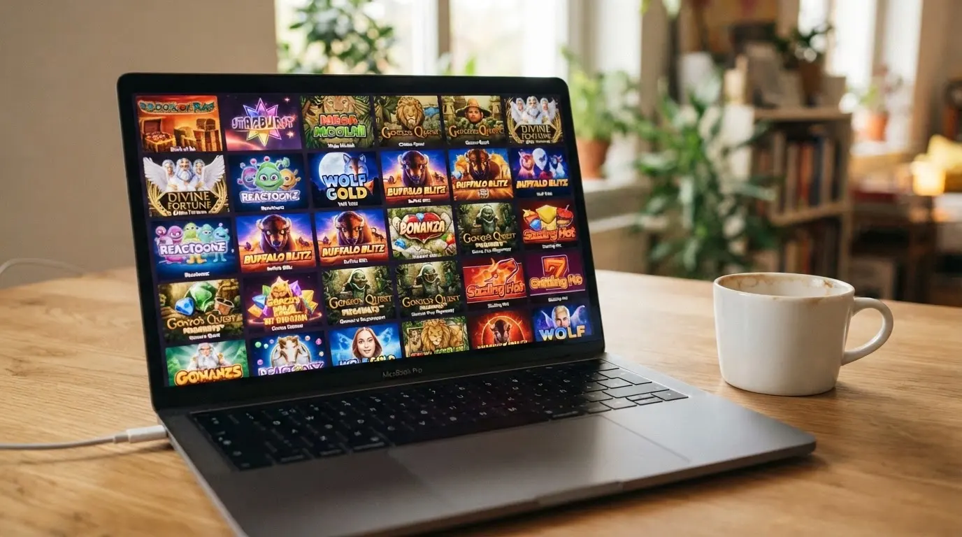 A grid of colourful online pokies thumbnails showing titles from Pragmatic Play, Hacksaw Gaming and BGaming