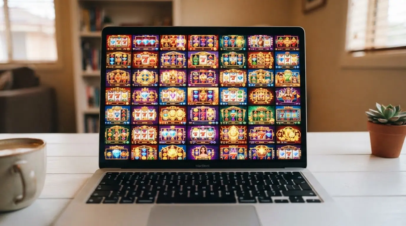A grid of colourful online pokie game thumbnails on an international casino lobby screen