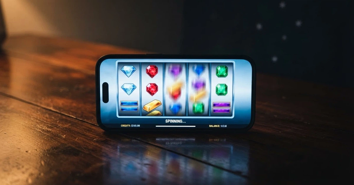 A smartphone screen showing an online pokies game with five reels spinning, colourful symbols visible, set against a dark background with subtle Australian visual cues