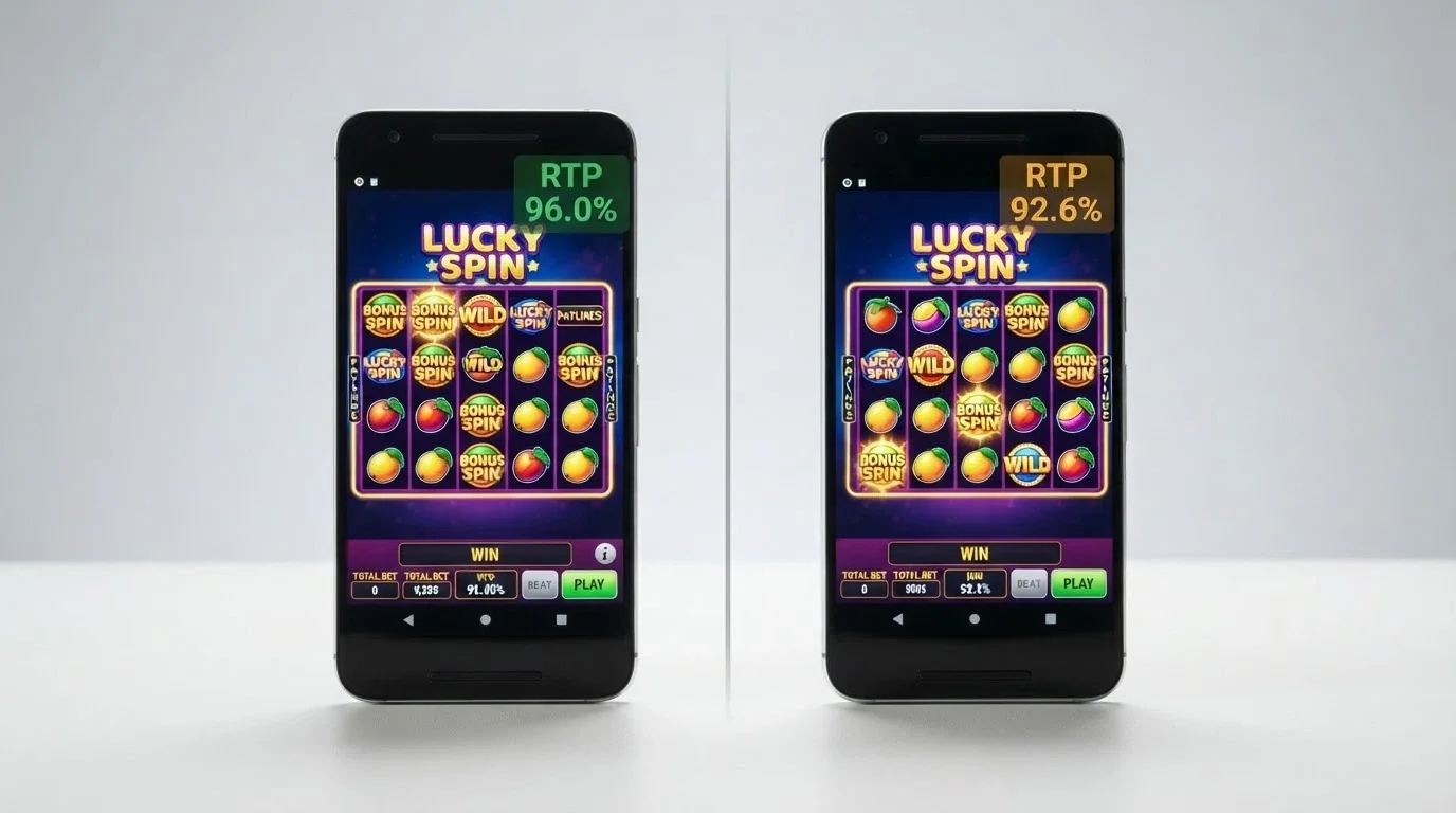 Two online pokies screens side by side, one labelled “RTP 96.0%” and the other “RTP 92.6%”, with the percentage difference highlighted