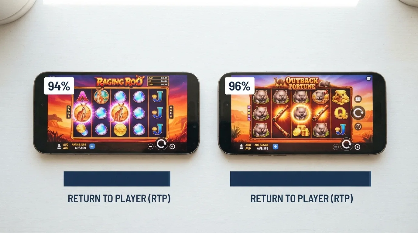 Two mobile screens showing the same pokie title side by side, one labelled 94% RTP and the other 96% RTP, with different expected-return figures beneath