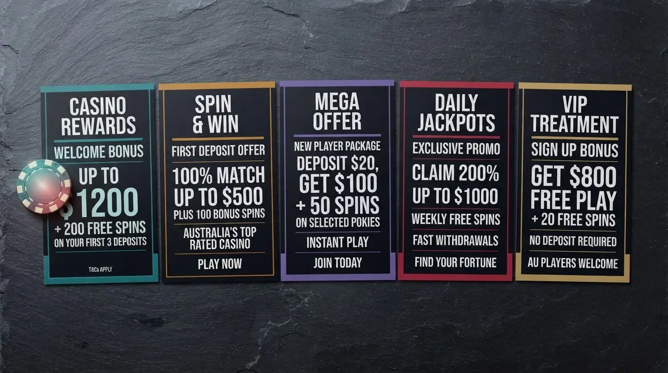 A grid of casino welcome-offer cards arranged side by side showing different match percentages free-spin counts and wagering multipliers with a dollar coin placed on the lowest-value card