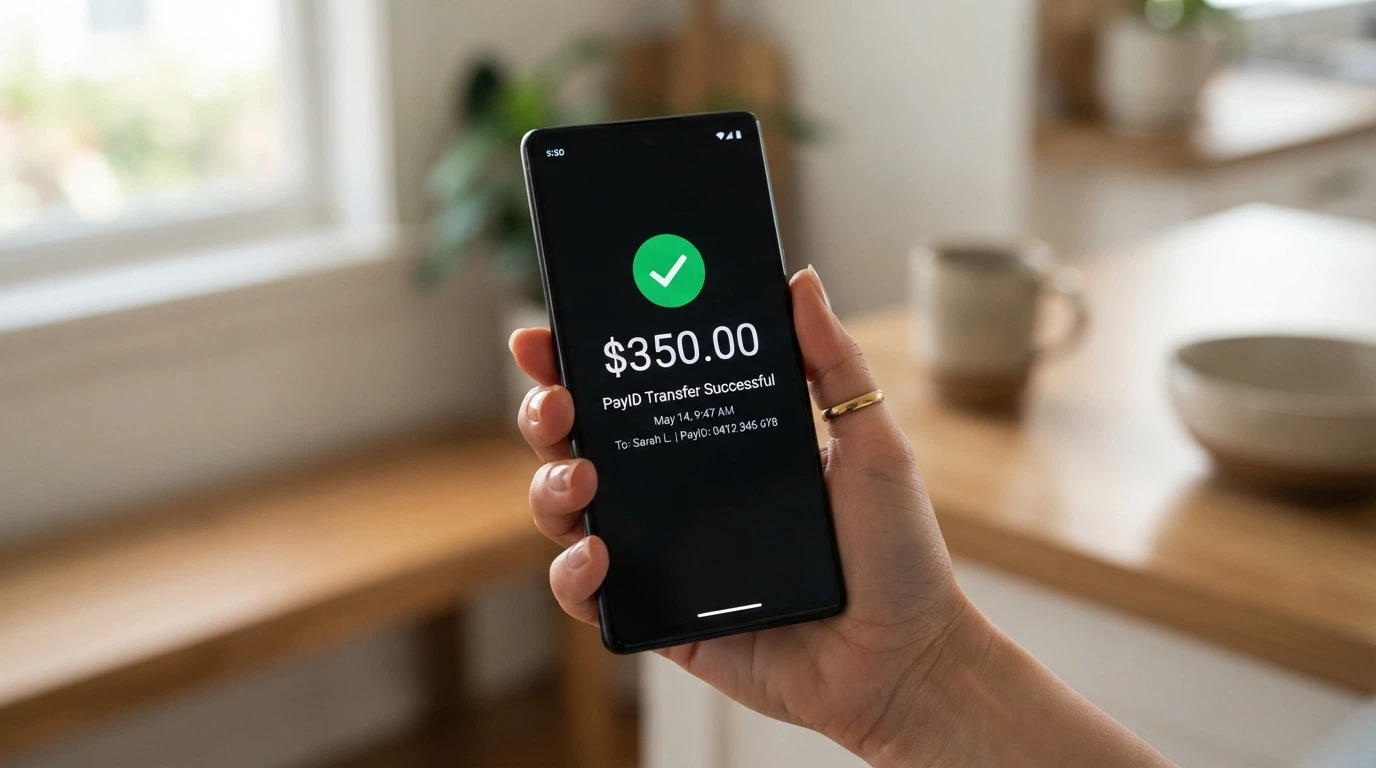 A smartphone displaying a banking app with a PayID transfer confirmation screen and an Osko logo