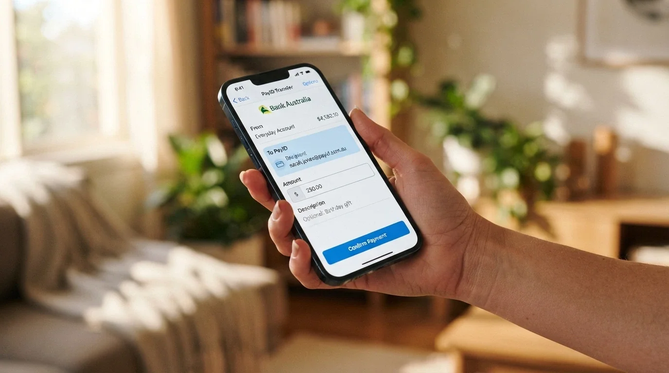 An Australian banking app interface showing a PayID transfer screen with the recipient field highlighted