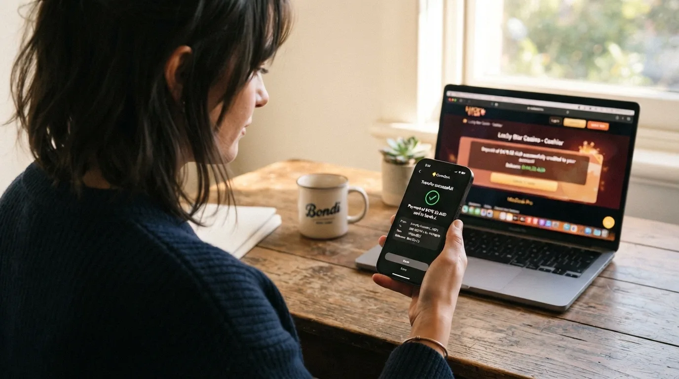 An Australian banking app screen showing a PayID transfer confirmation next to a casino cashier page displaying the credited deposit in AU dollars