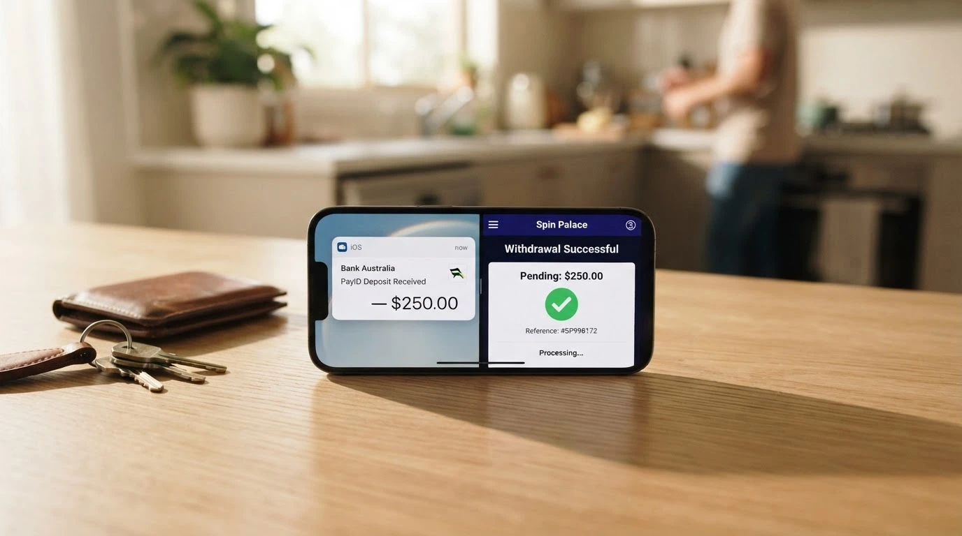 An iPhone displaying a banking app notification showing a PayID deposit received, beside a casino withdrawal screen showing a pending PayID cash-out