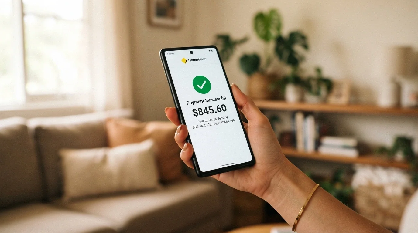A smartphone screen showing a PayID transfer confirmation with a timestamp and a dollar amount, the banking app interface clearly visible
