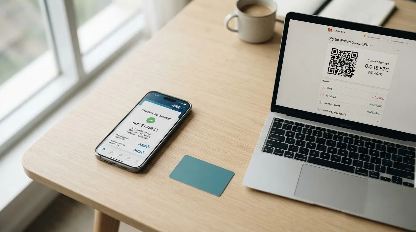 A split-screen showing a PayID transfer on one side and a Bitcoin wallet QR code on the other, with an Australian bank app visible