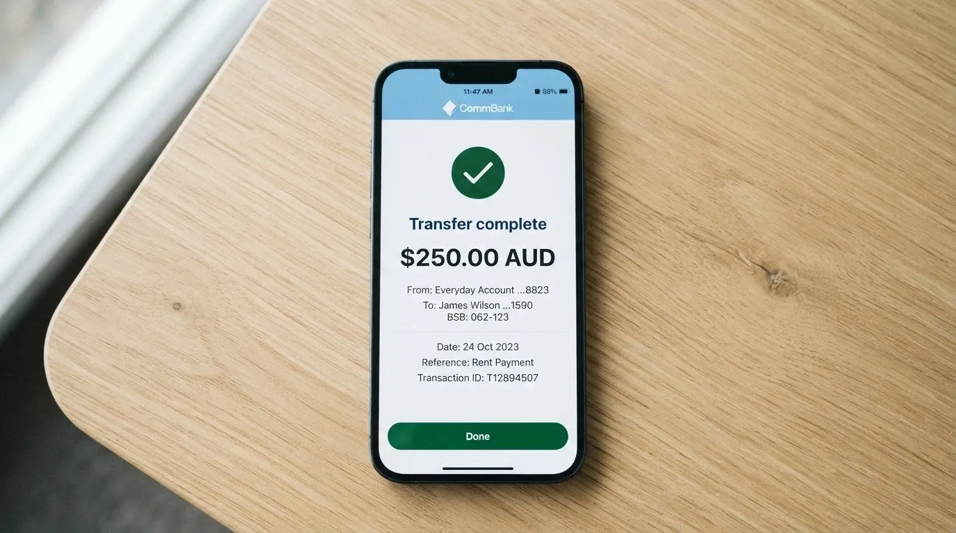 Smartphone screen showing a PayID bank transfer confirmation for an online casino deposit, with an Australian bank logo visible and a dollar amount in AUD