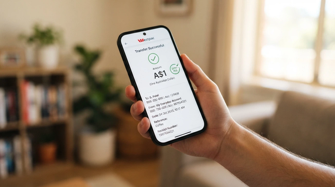 A banking app screen showing a PayID transfer of one dollar with a confirmation timestamp and a zero-fee indicator next to the transaction amount