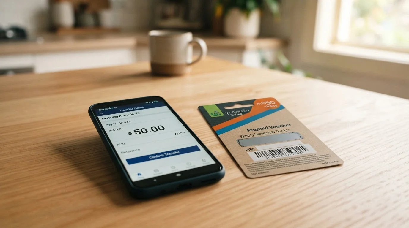 An Australian banking app showing a PayID transfer screen on a smartphone beside a Neosurf voucher