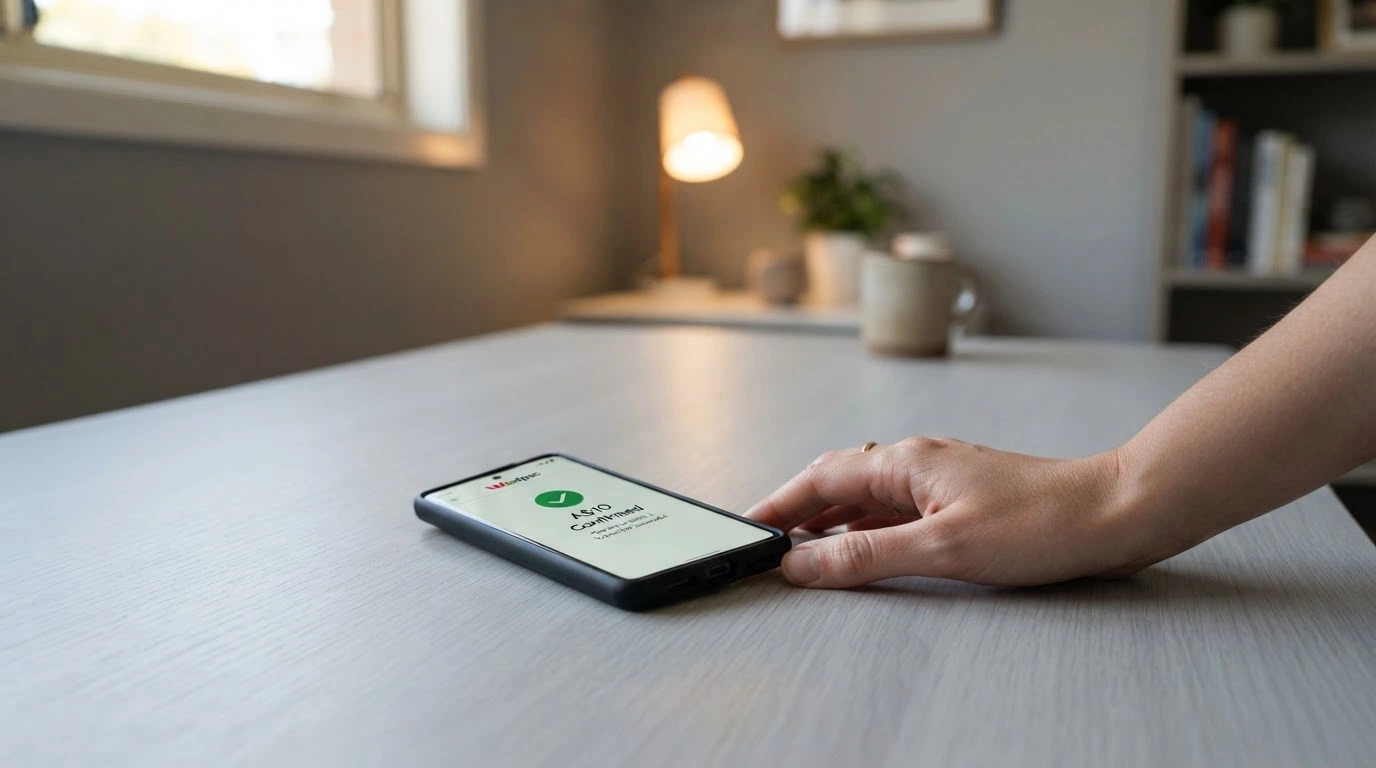 A smartphone screen showing a PayID transfer confirmation for an A$10 deposit to a casino account with a timestamp