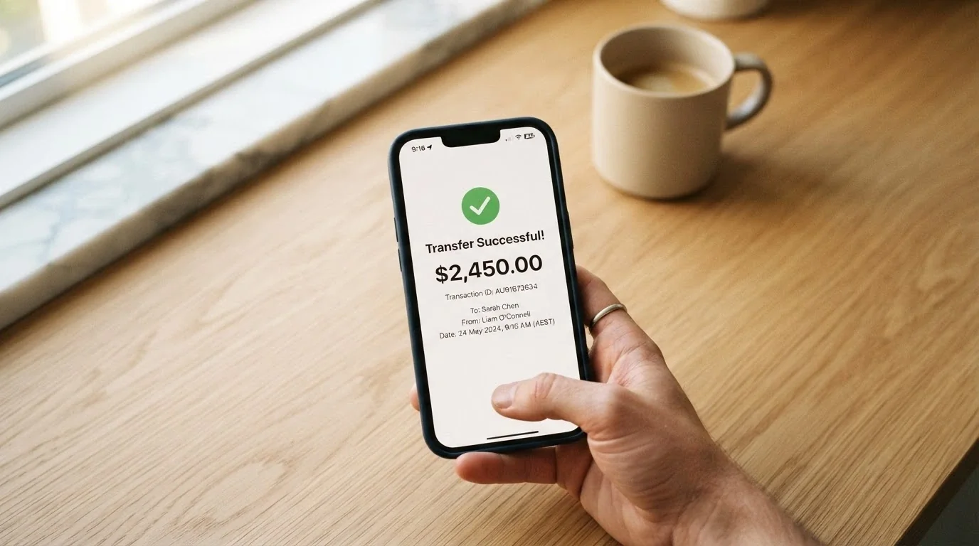 Smartphone showing a PayID bank transfer confirmation screen