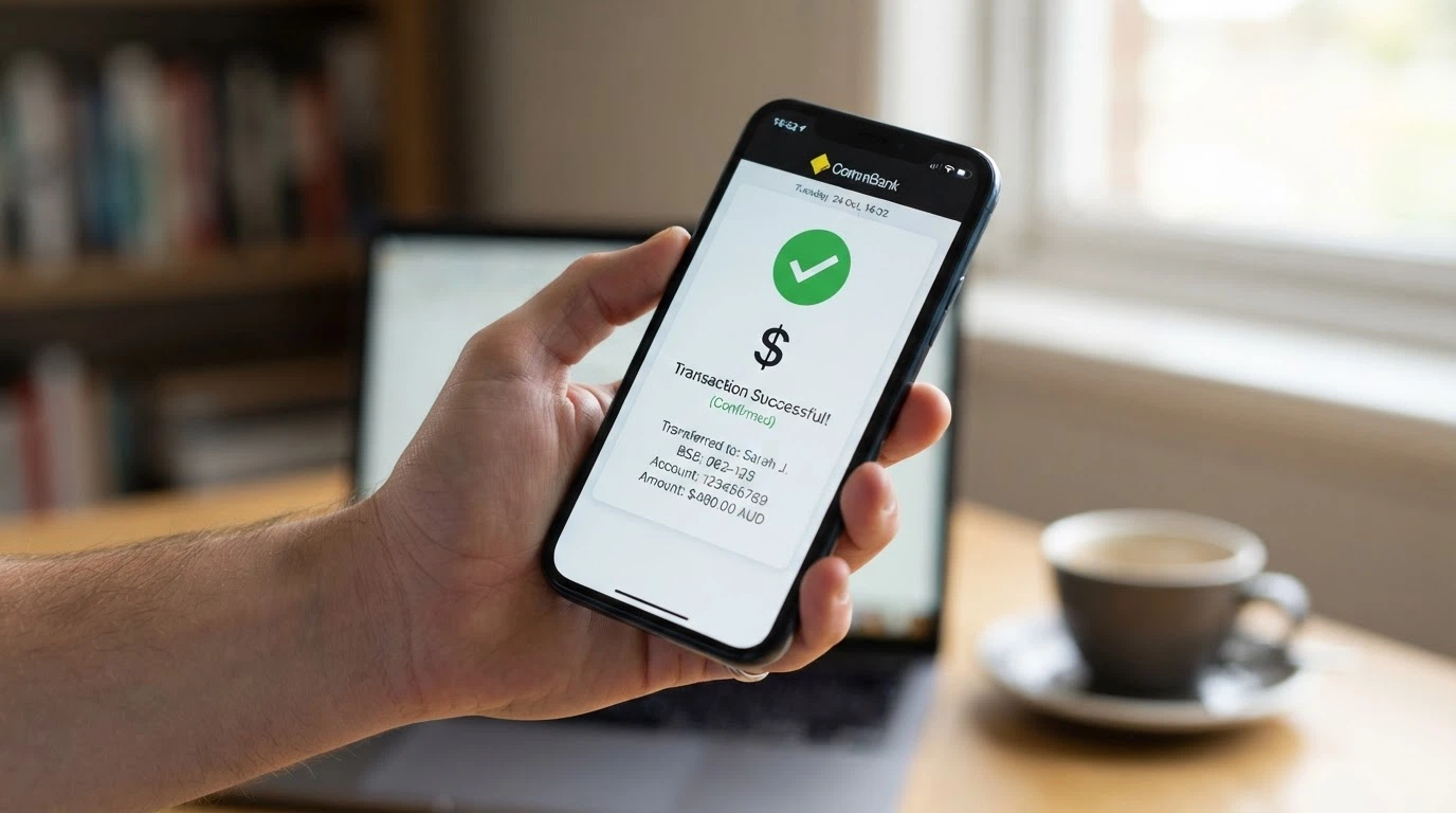 An Australian banking app on a smartphone showing a PayID transfer confirmation screen next to a casino balance update