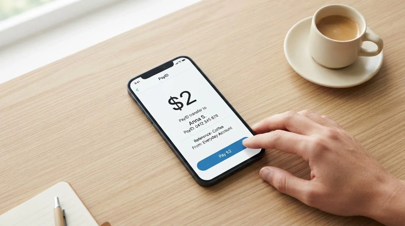 A mobile banking app screen showing a PayID transfer of $2 to an online casino cashier