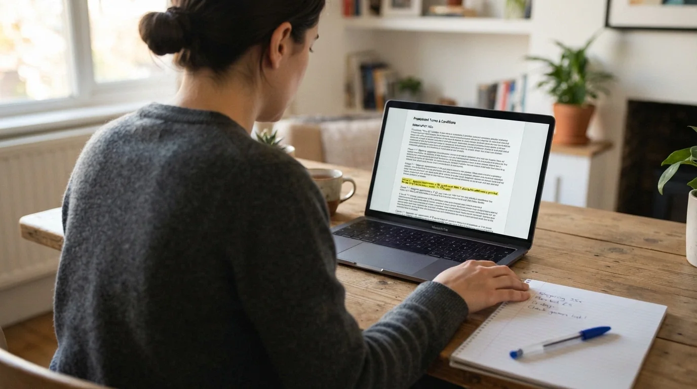 A person at a laptop reviewing bonus terms and conditions on screen, with a notepad and pen beside them