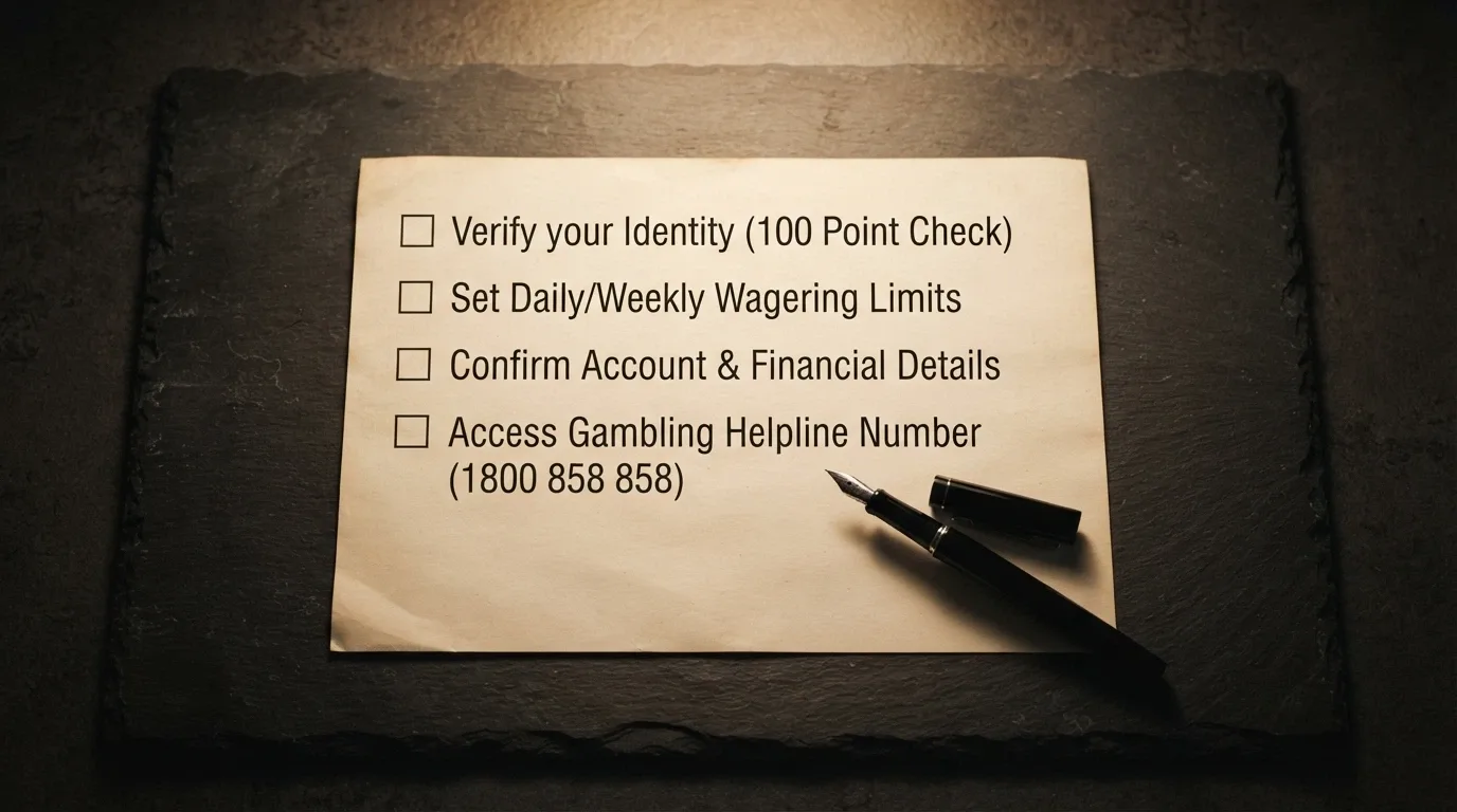 A dark-background checklist with four tick-box items and a pen: check the KYC trigger, calculate the wagering cost, set a personal deposit limit, and save the helpline number.