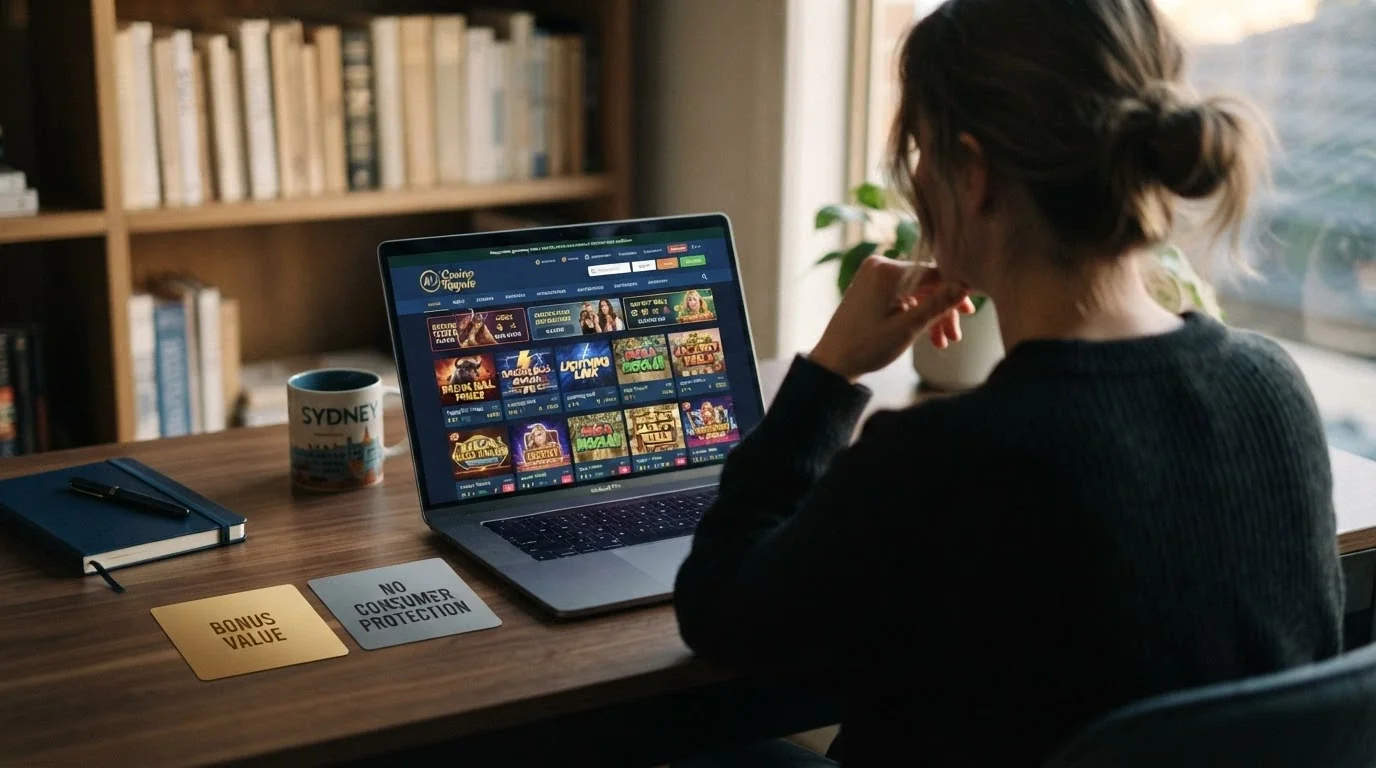 A person sitting at a desk with a laptop open to a casino site, hand on chin, weighing two labelled cards — one reading “Bonus Value” and the other “No Consumer Protection”