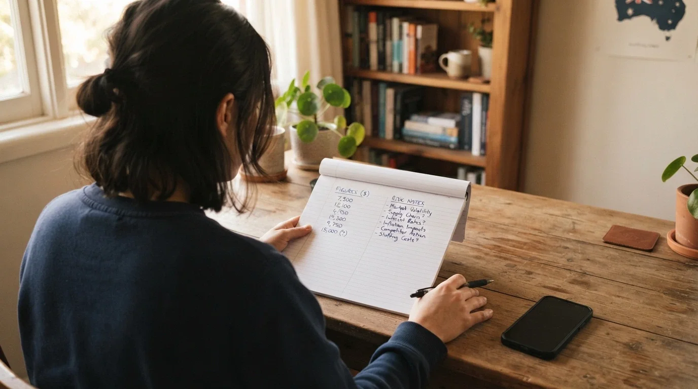 A person sitting at a desk with a notepad showing two columns: one with bonus figures and a question mark, the other listing risks — blocking, no BetStop, no complaint body