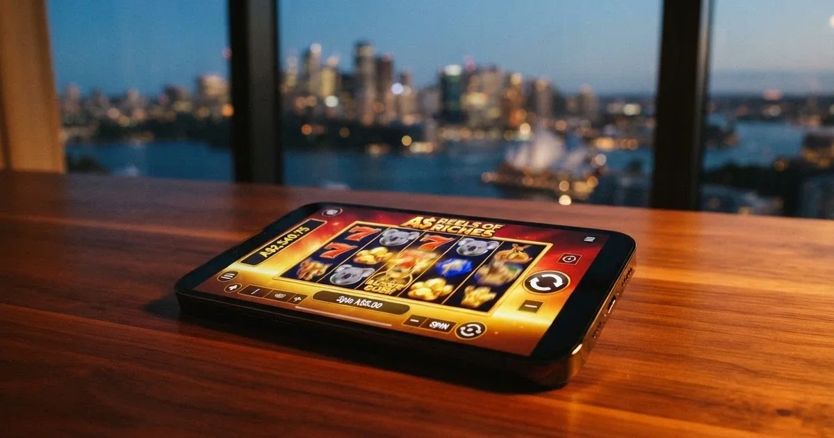 Pocket Pokies Casino homepage on a smartphone screen, pokies reels visible, Australian dollar amounts displayed