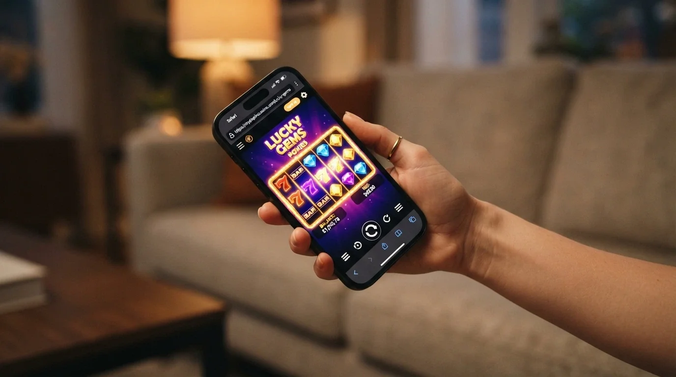 A hand holding a smartphone displaying a pokies game on the Pocket Pokies mobile browser interface, Safari address bar visible