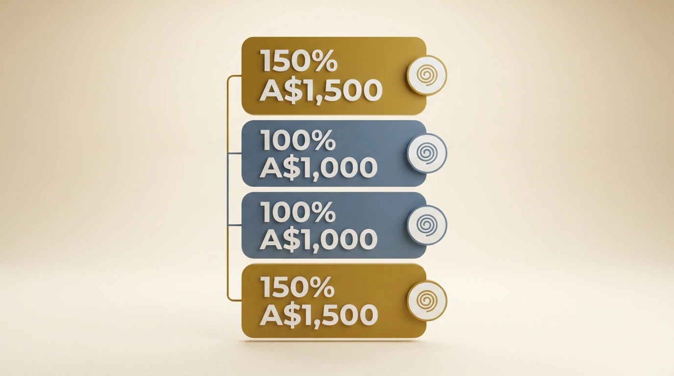 A stylised breakdown of the four-deposit welcome package showing match percentages, caps and free-spin counts for each tier