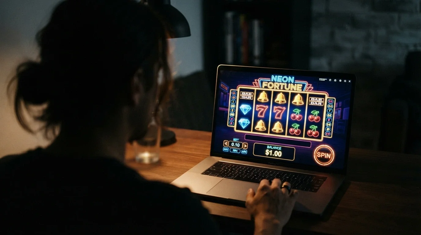 A pokie game screen with the bet selector set to the lowest stake showing a balance of one dollar and the spin button highlighted with the game title Book of Dead visible