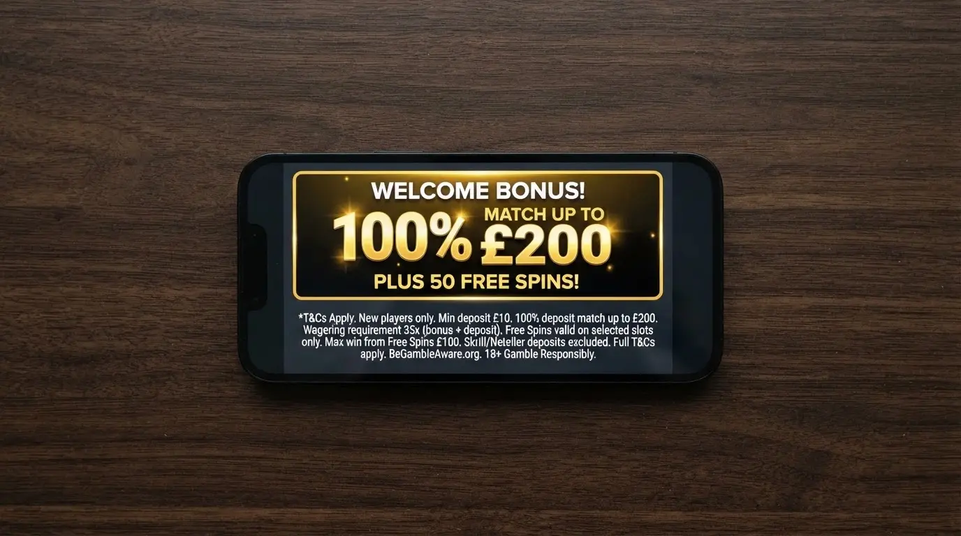 Smartphone screen showing a casino welcome bonus offer with terms and conditions in fine print