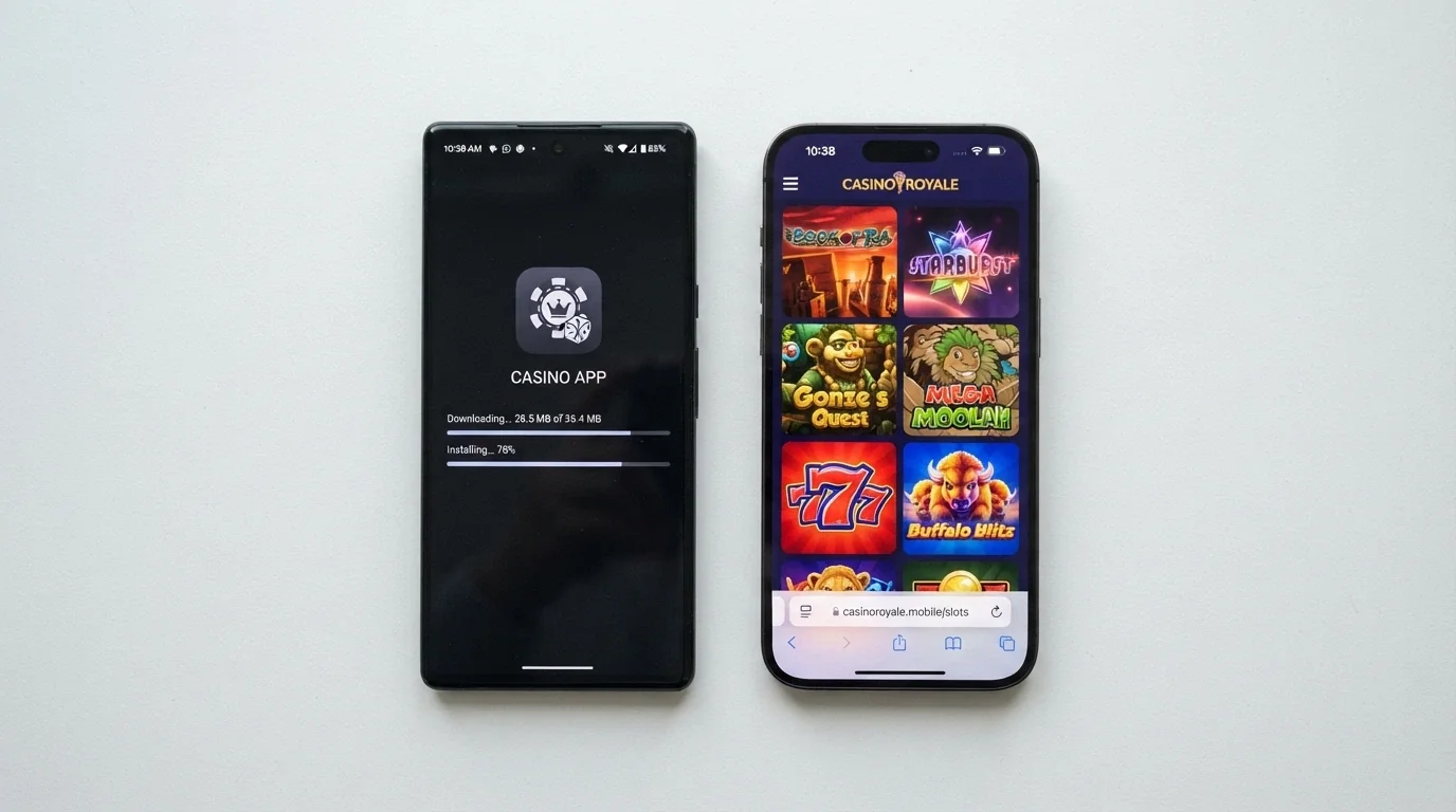 Android phone screen with a casino APK download prompt and an iPhone showing a mobile-browser casino page