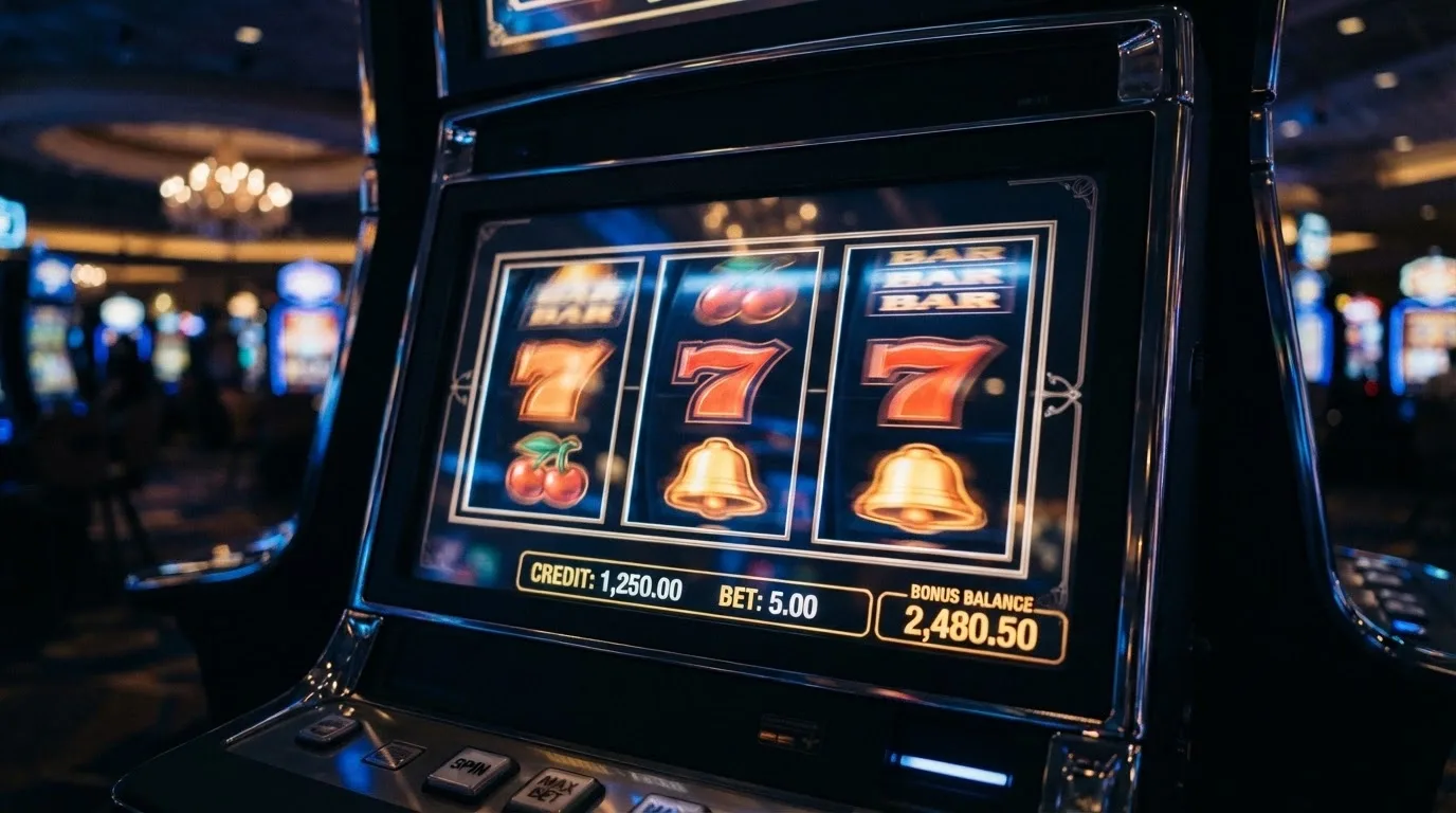Online pokies reels spinning on a screen with a bonus-credit balance displayed in the corner