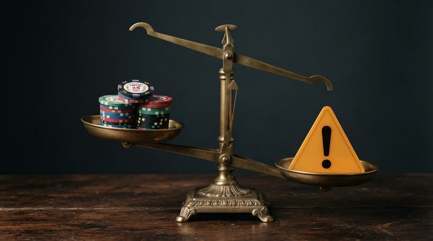 A balanced scale — Aristocrat pokie titles on one side, a warning symbol labelled AU consumer protection on the other, weighted toward the free-play option