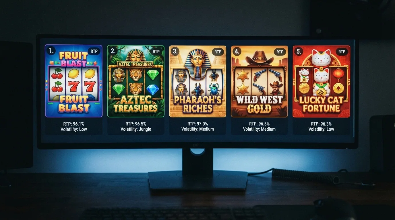 A row of online pokie reels showing various themes with RTP percentages and volatility labels overlaid on each game tile