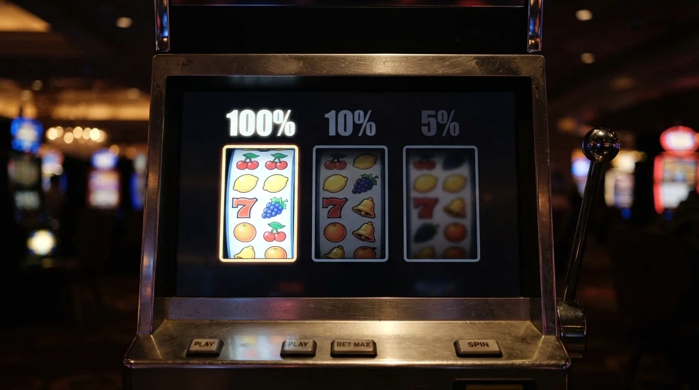 A grid of slot reels showing different contribution percentages: 100% on the pokies column, 10% on table games, 5% on live dealer