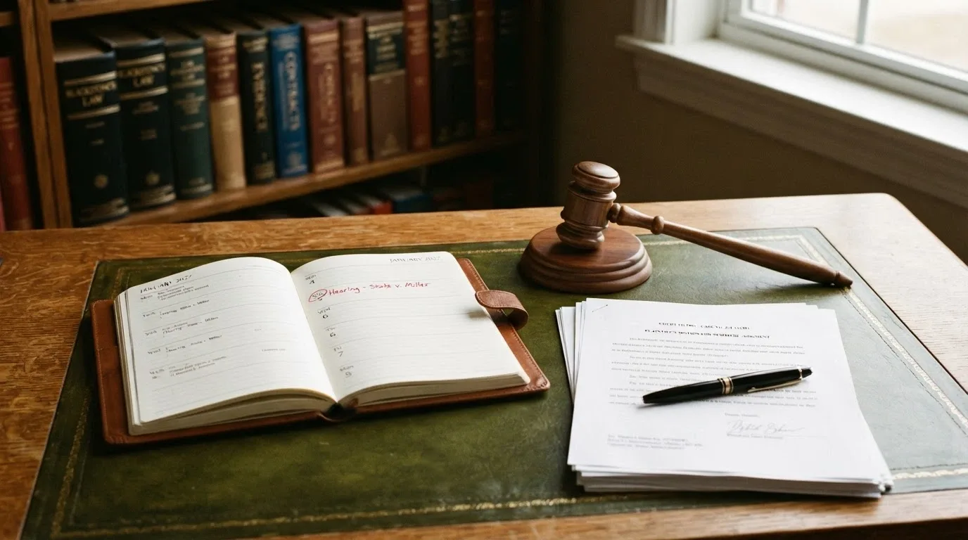 A calendar open to January 2027 with a gavel and Australian legal documents beside it