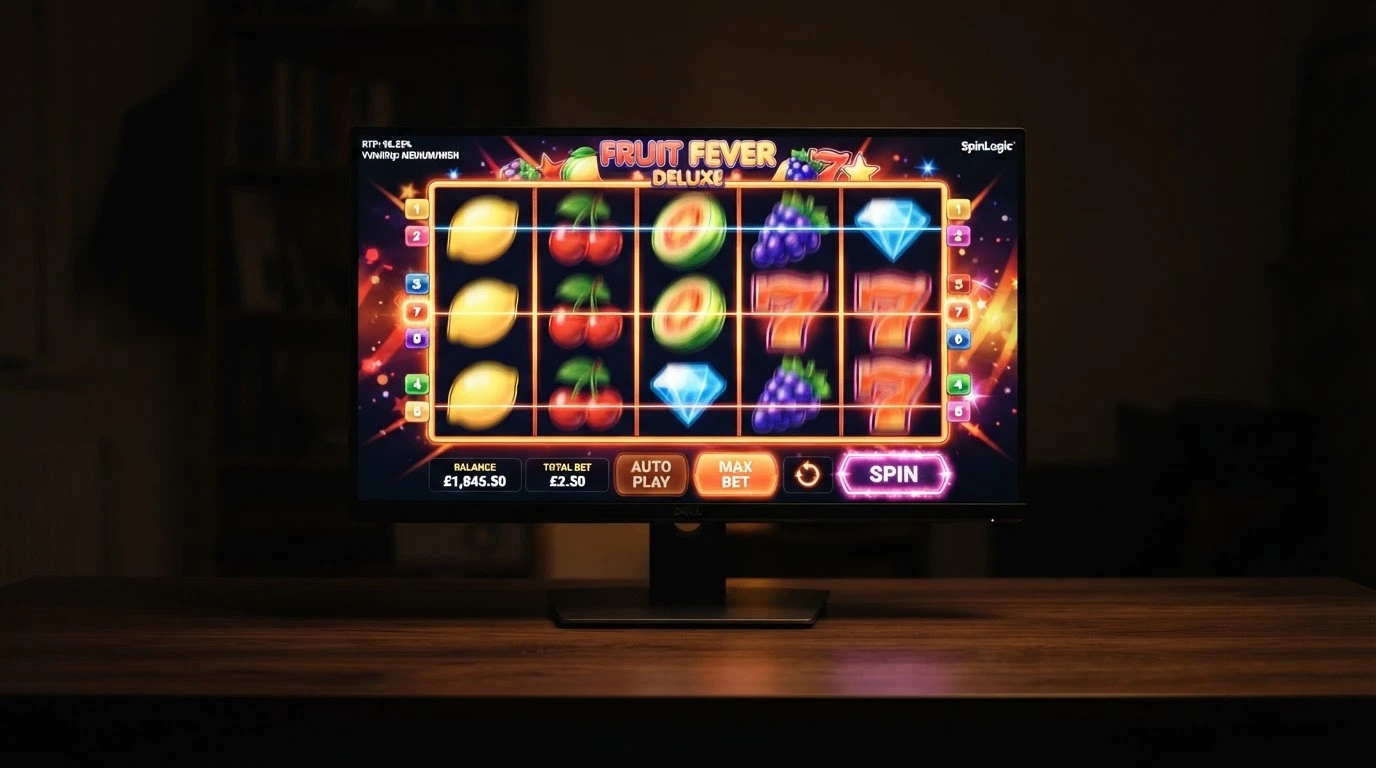 A five-reel online pokie screen with the RTP figure and volatility label overlaid on the game interface