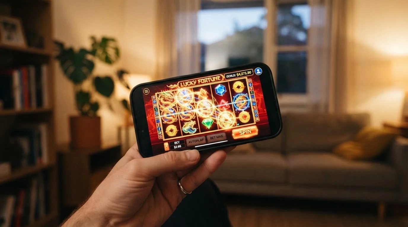 A smartphone displaying a colourful online pokies game screen with a bonus funds balance visible in the corner of the interface