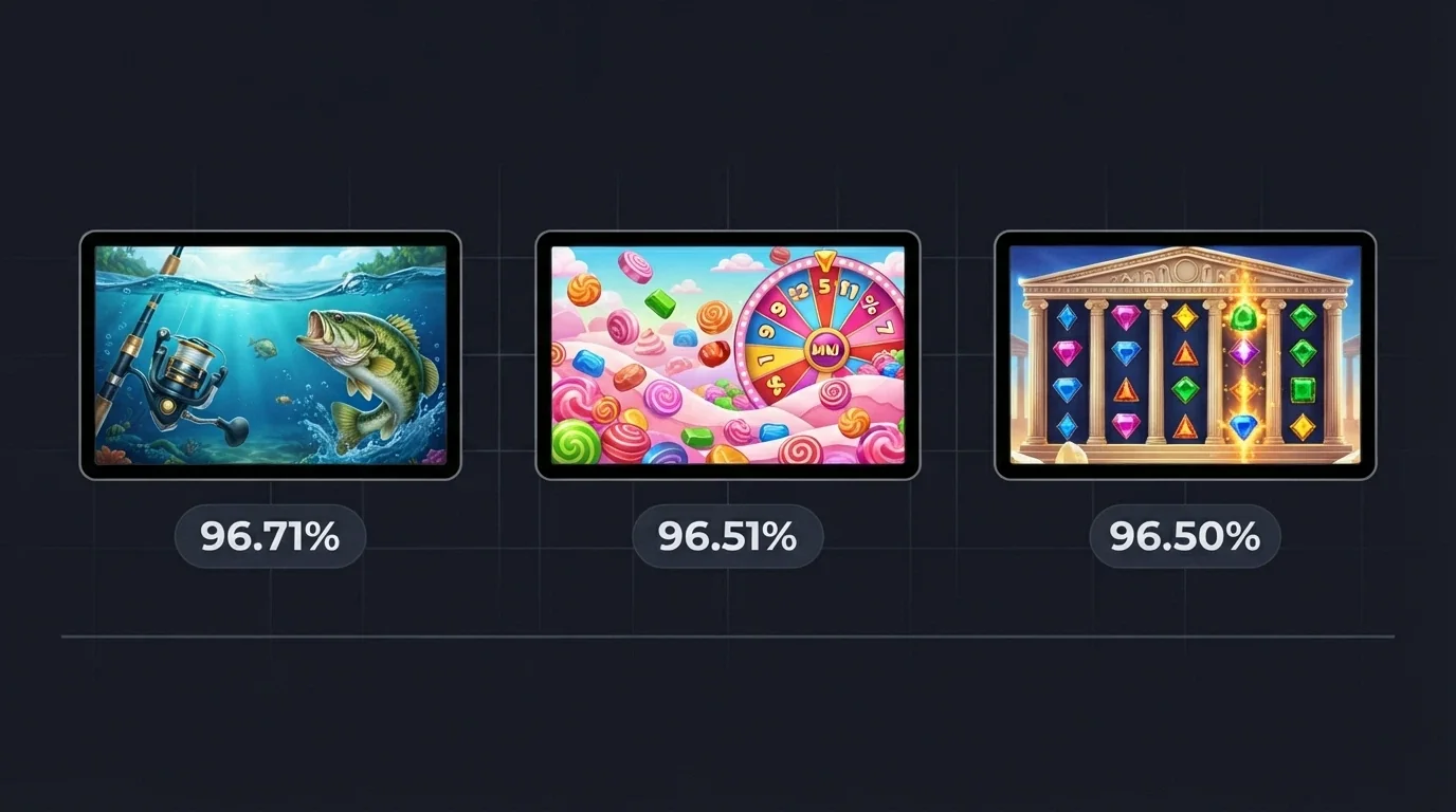 A grid of three online pokies title screens — Big Bass Bonanza, Sweet Bonanza and Gates of Olympus — with their RTP percentages overlaid on each