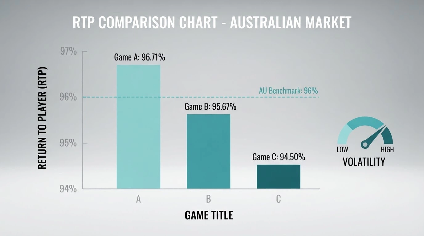 A pokies game screen showing Big Bass Bonanza reels with an RTP figure overlaid, next to a volatility scale from low to high