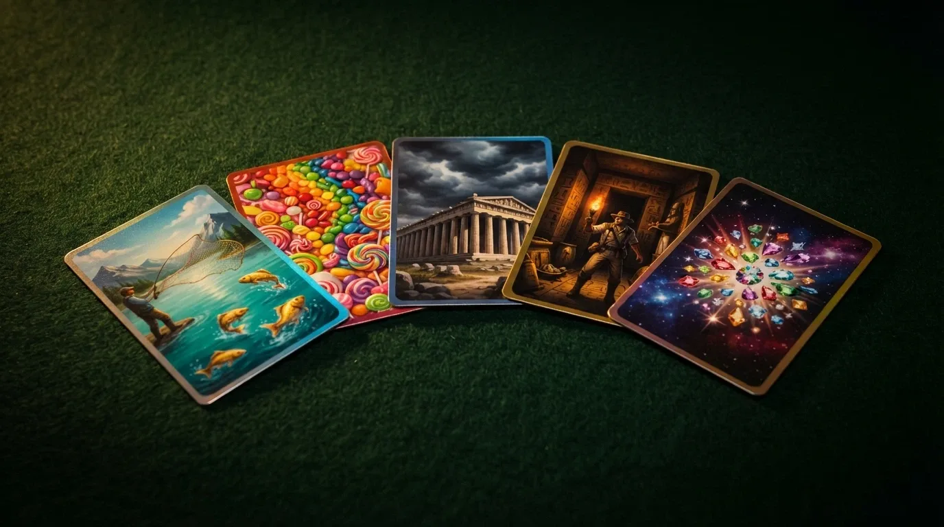 A grid of five pokie title cards — Big Bass Bonanza, Sweet Bonanza, Gates of Olympus, Book of Dead, Starburst — arranged as a fan